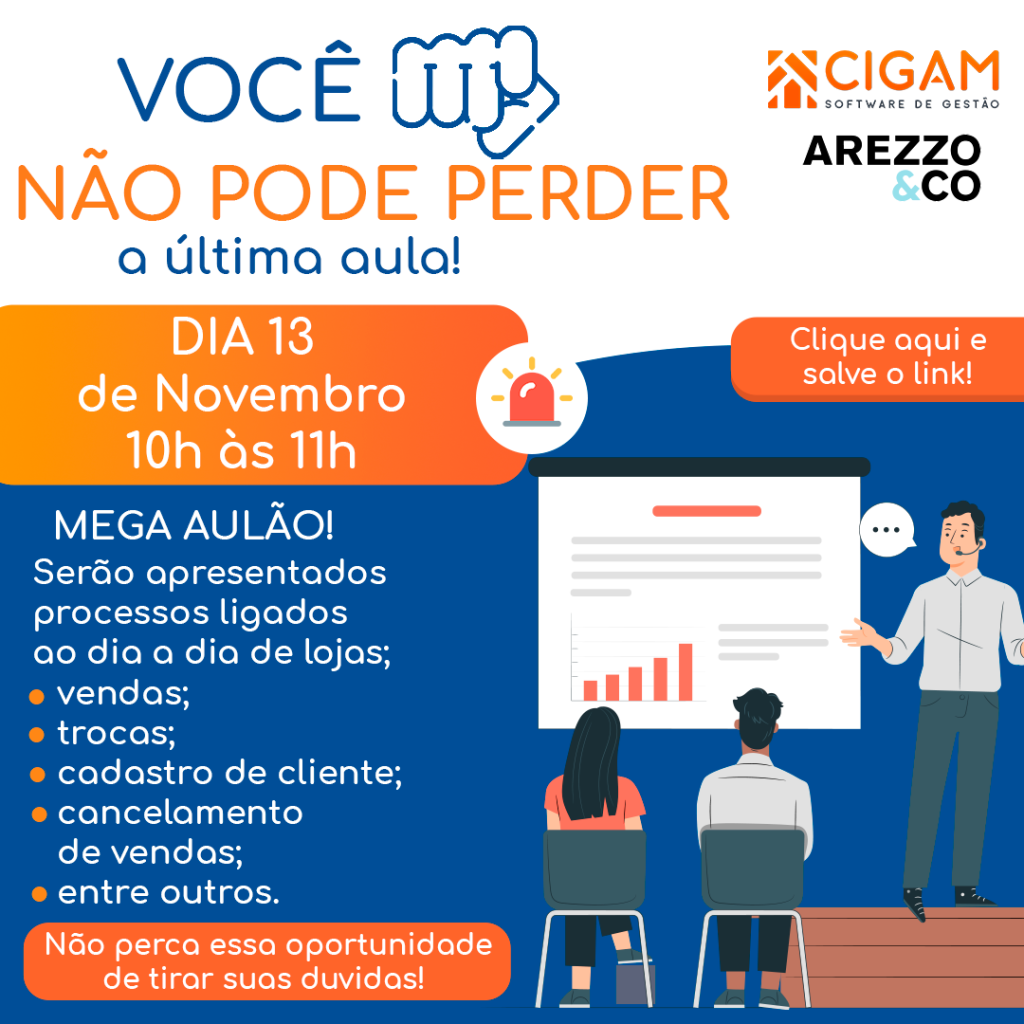 Mega Aulao!
Serão apresentados os processos ligados ao dia a dia de lojas.